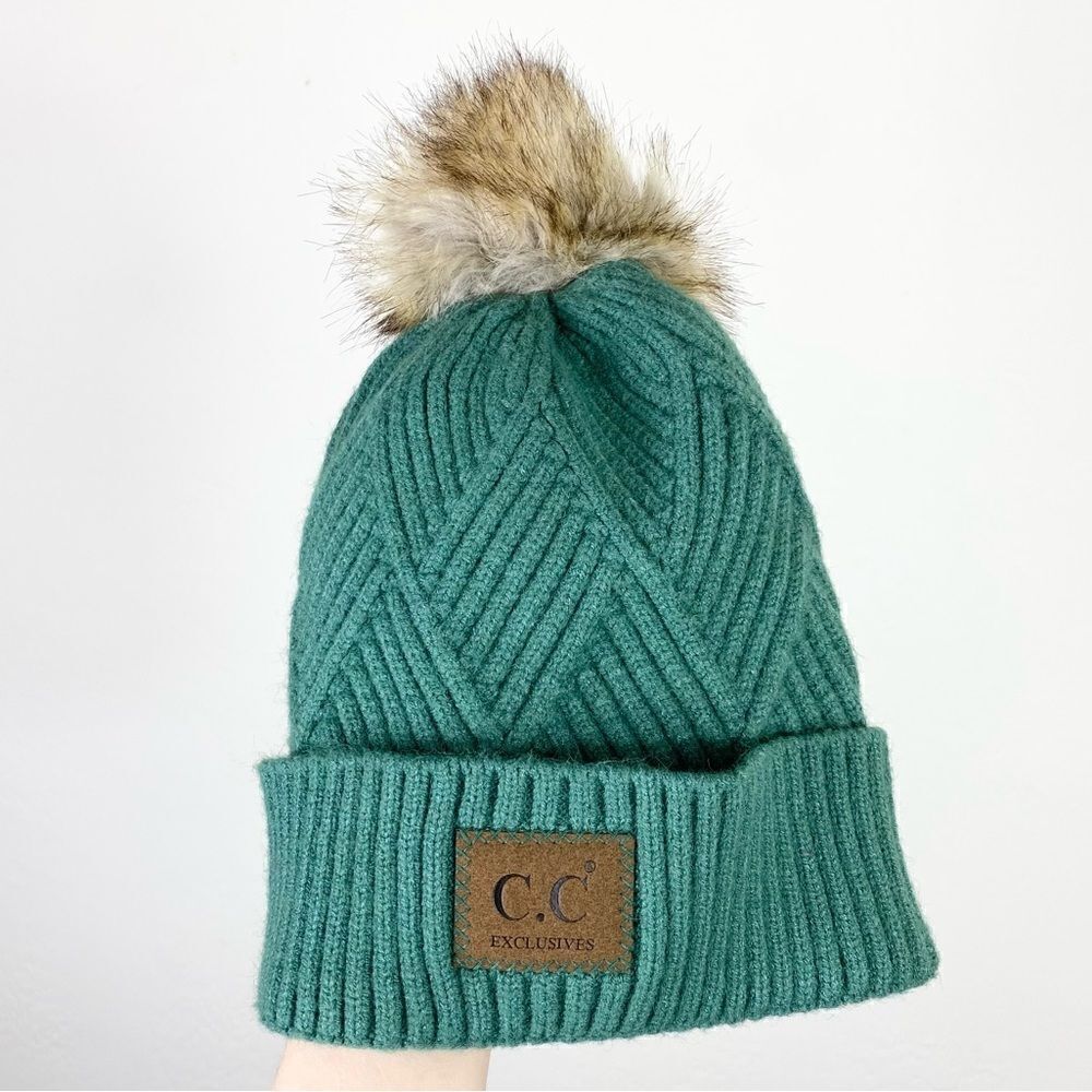 CC Exclusives Green Knit Faux Fur Pom Pom Winter Beanie Hat